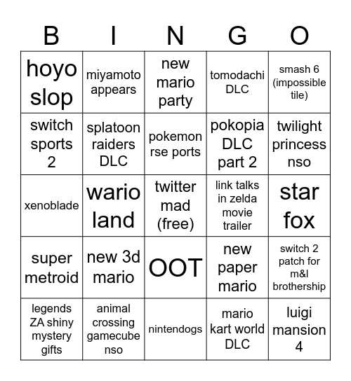 zelda + nintendo direct bingus Bingo Card