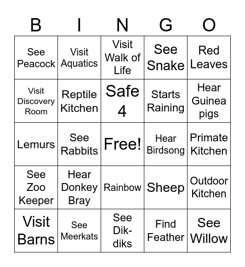 Zoo Tour Bingo Card