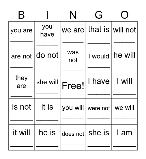 Contraction Bingo Card