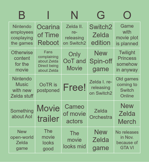 Zelda Direct Sept. 2026 Bingo Card