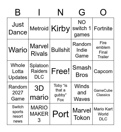 Nintendo direct sept 2026 Bingo Card