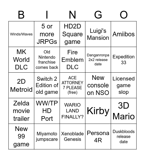 Nintendo Directs Bingo Card