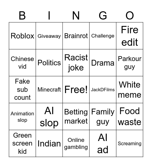 Yt shorts bingo Card
