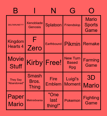 Nintendo Direct Bingo Card