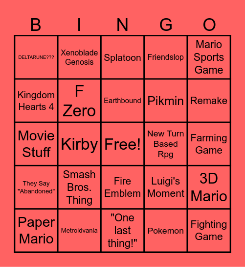 Nintendo Direct Bingo Card