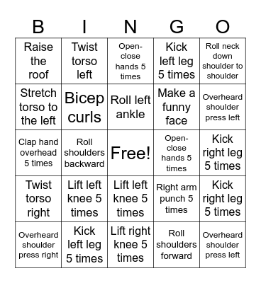 Senior Bingo Exercise Bingo Card