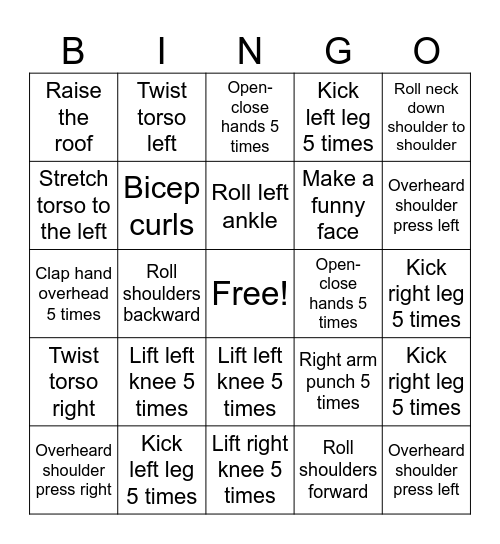 Senior Bingo Exercise Bingo Card