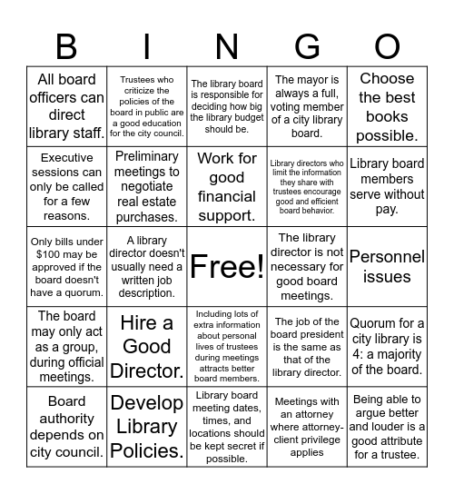 Library Board Bingo Card