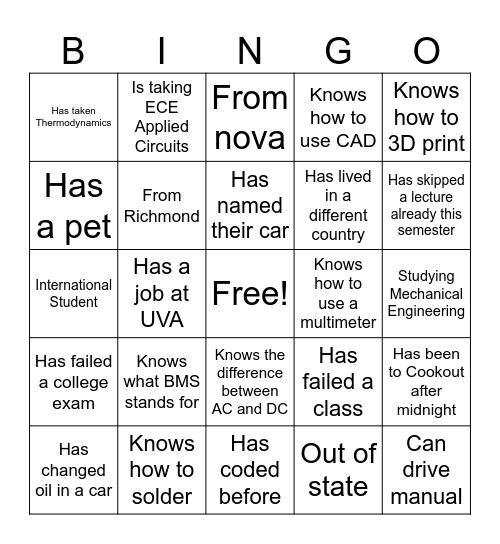 VM Electrical Bingo Card