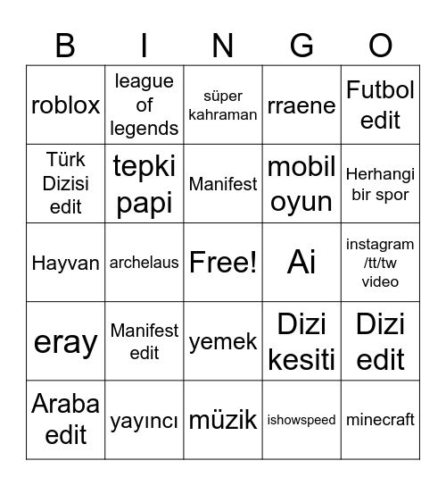 Youtube Shorts Bingo Card
