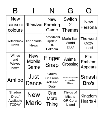 Nintendo Direct Bingo Card