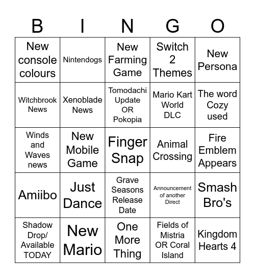 Nintendo Direct Bingo Card