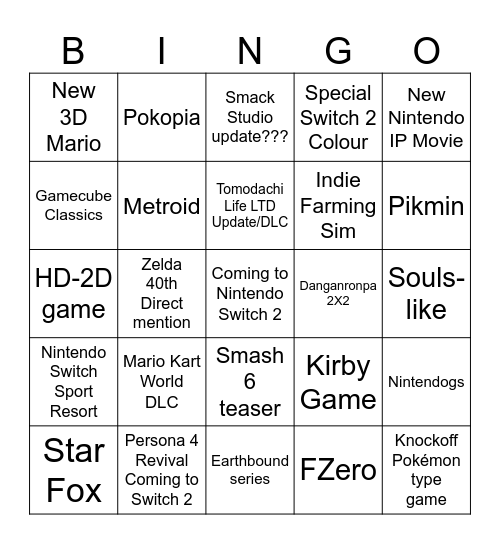 09/09/26 Nintendo Direct Bingo Card