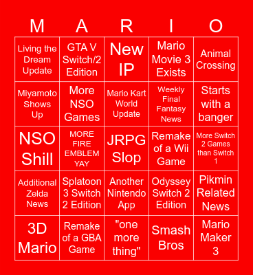 Nintendo Direct 9/9/26 Predictions Bingo Card