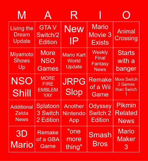 Nintendo Direct 9/9/26 Predictions Bingo Card