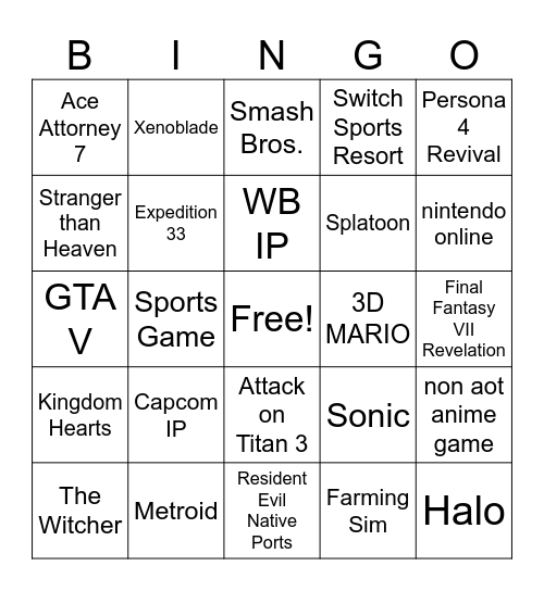 Nintendo Direct 9-9-26 BINGO Card