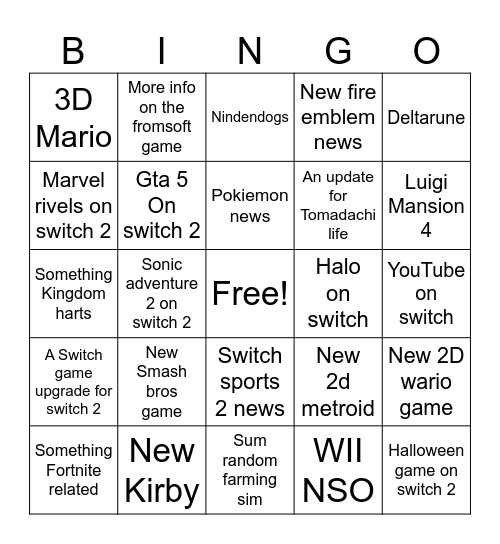 NINTENDO DIRECT Bingo Card