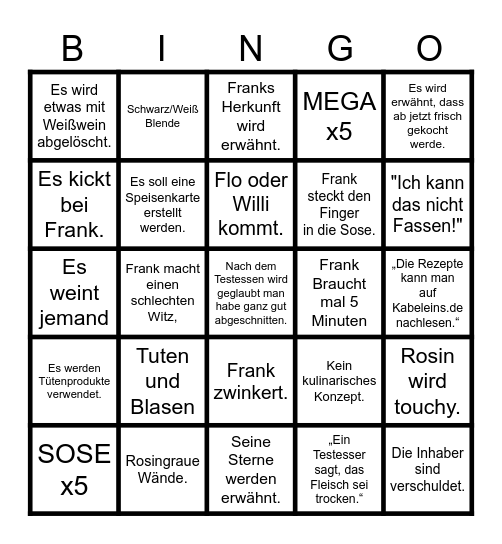 Rosins Restaurant Bingo Card