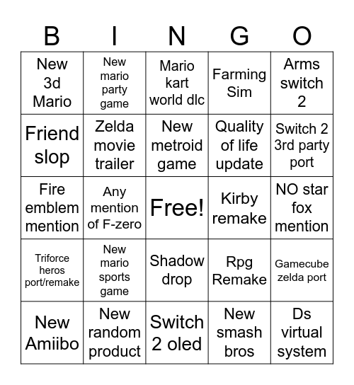 Nintendo + zelda direct 2026 Bingo Card