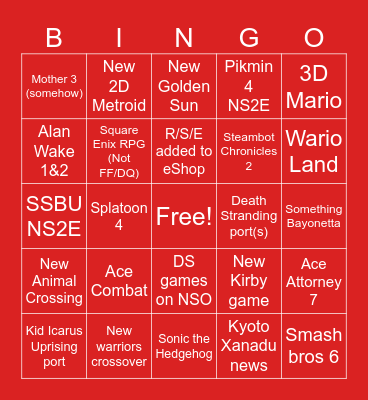 Nintendo direct 9/9/26 Bingo Card