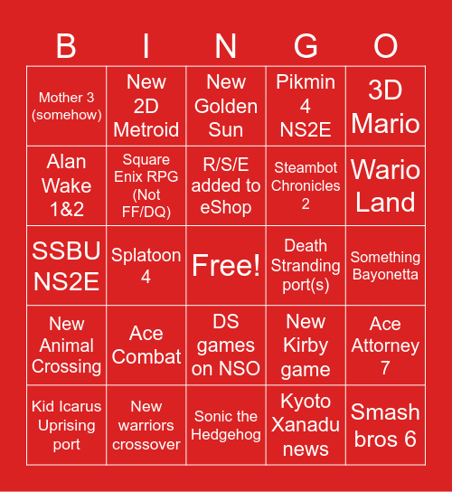 Nintendo direct 9/9/26 Bingo Card