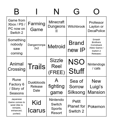 Nintendo Direct 9.9.26 Bingo Card