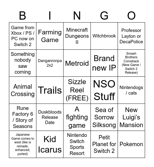 Nintendo Direct 9.9.26 Bingo Card