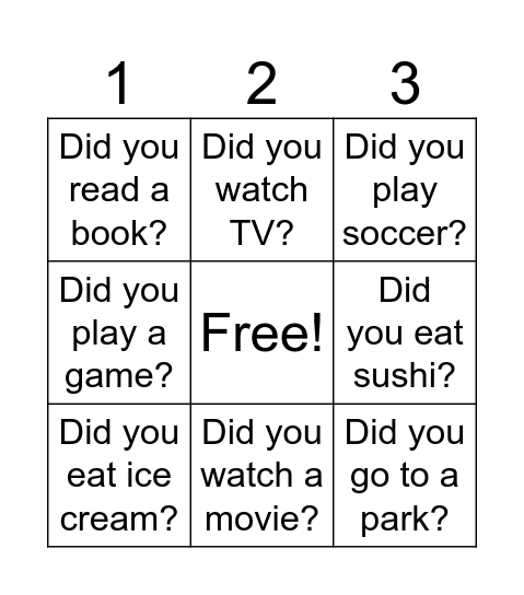 Past Tense Bingo Card