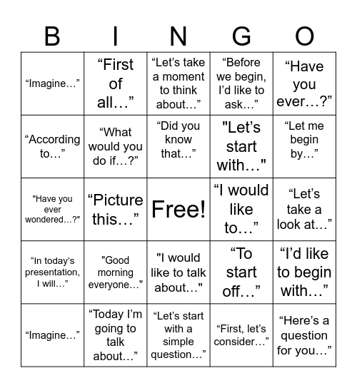 Starting a Presentation Bingo Card