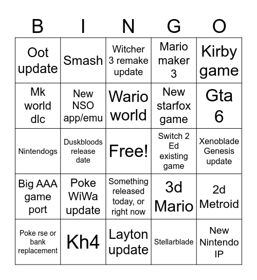 Nintendo Bingo Card