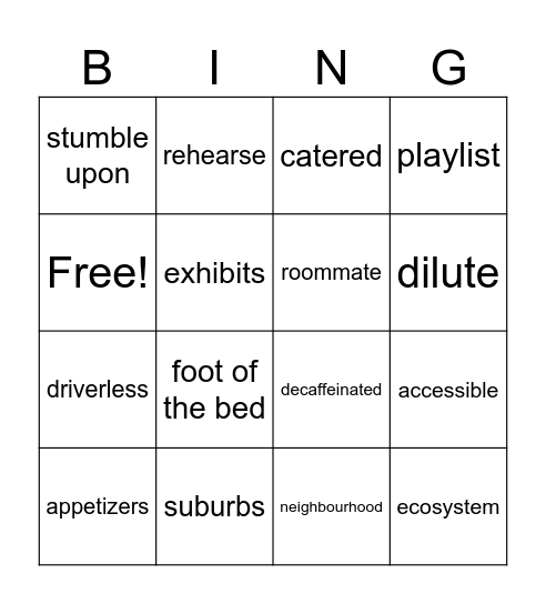 Vocab Practice: Shaghayegh's Wedding Bingo Card