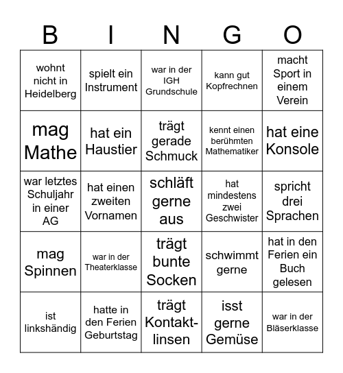 Kennenlern-Bingo Mathe Bingo Card