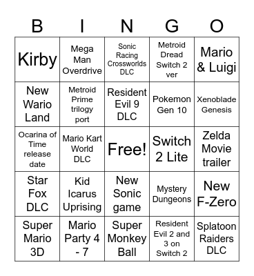 Nintendo Bingo Card