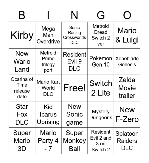 Nintendo Bingo Card