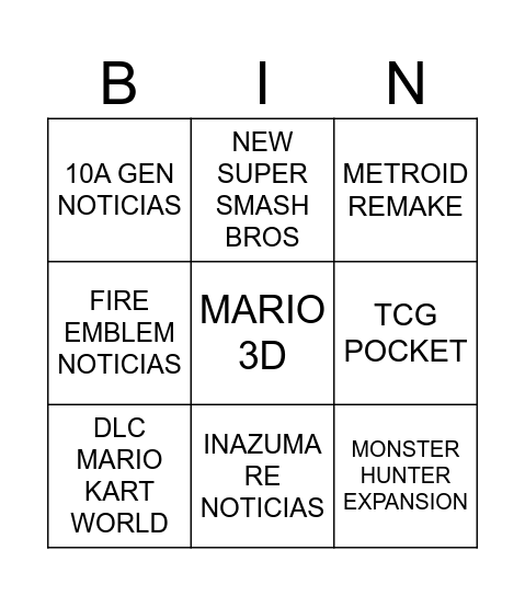 NINTENDO DIRECT Bingo Card