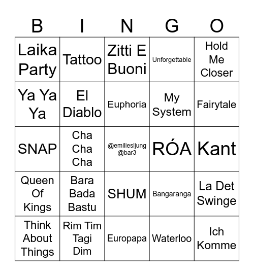 Eurovision Bingo Card