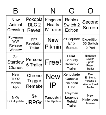 Nintendo Direct Bingo Card Bingo Card