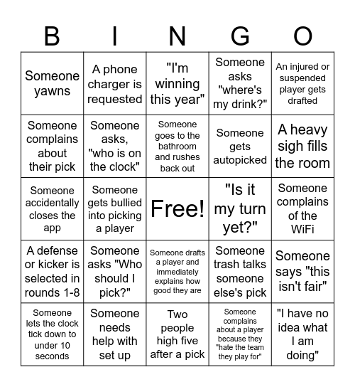 Draft Night Bingo Card
