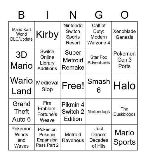 Nintendo Direct 9.9.2026 Bingo Card