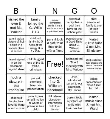 G. Willie Title 1/Open House BINGO Card