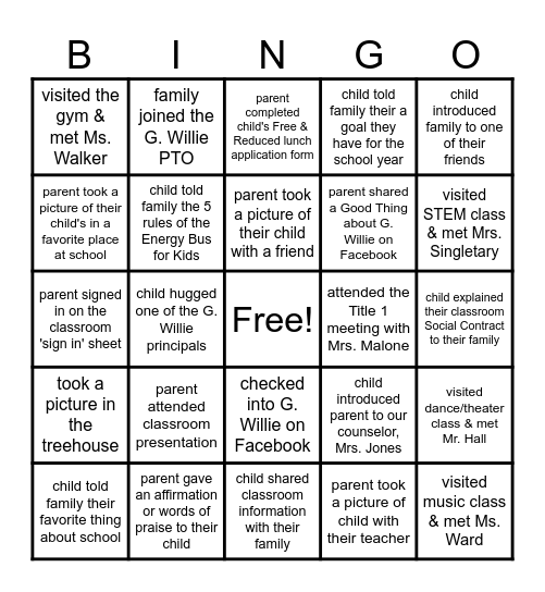 G. Willie Title 1/Open House BINGO Card
