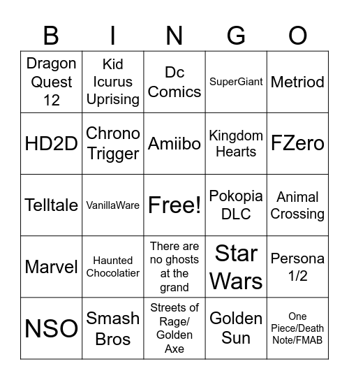 What I want at Nintendo Direct Bingo Card