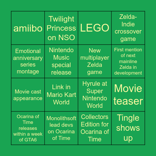 Zelda Anniversary Direct Bingo Card