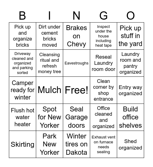 Before Snow Bingo Card