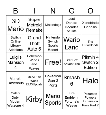 Nintendo Direct 9.9.2026 Bingo Card