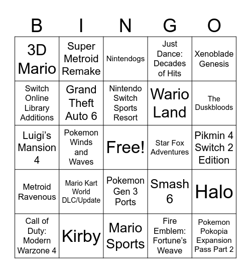 Nintendo Direct 9.9.2026 Bingo Card