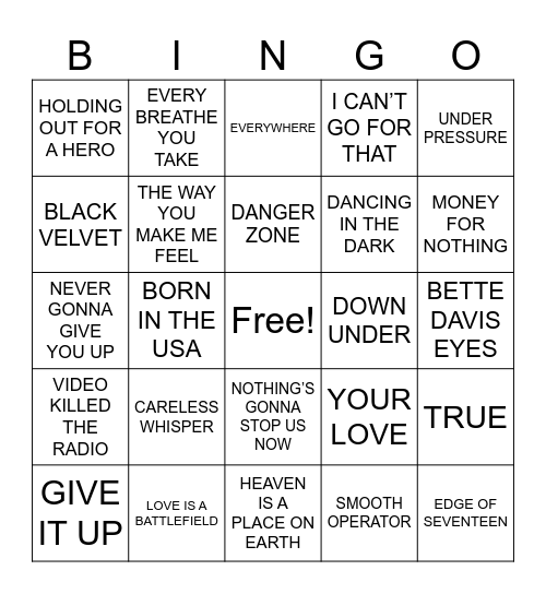 All In 80s Bingo Card