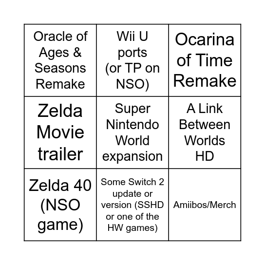 Zelda Direct September 8th 2026 Bingo Card