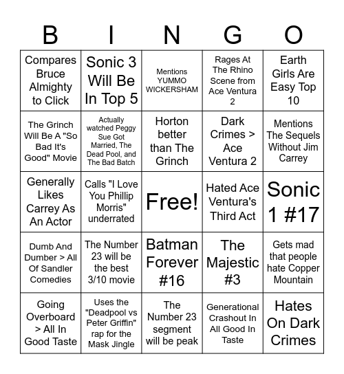 Jim Carrey Schaffrillas Bingo Card