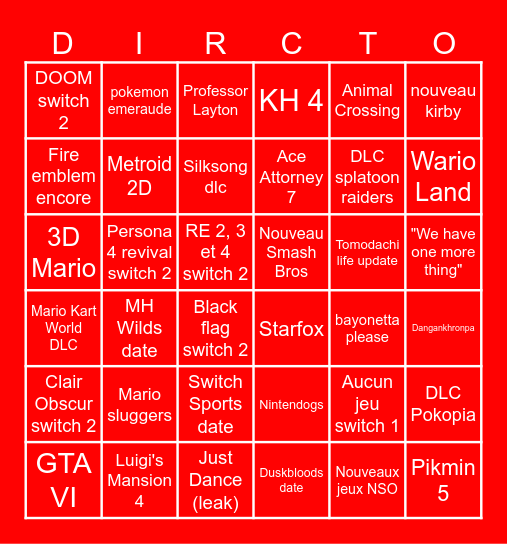 Nintendo Direct Bingo Card